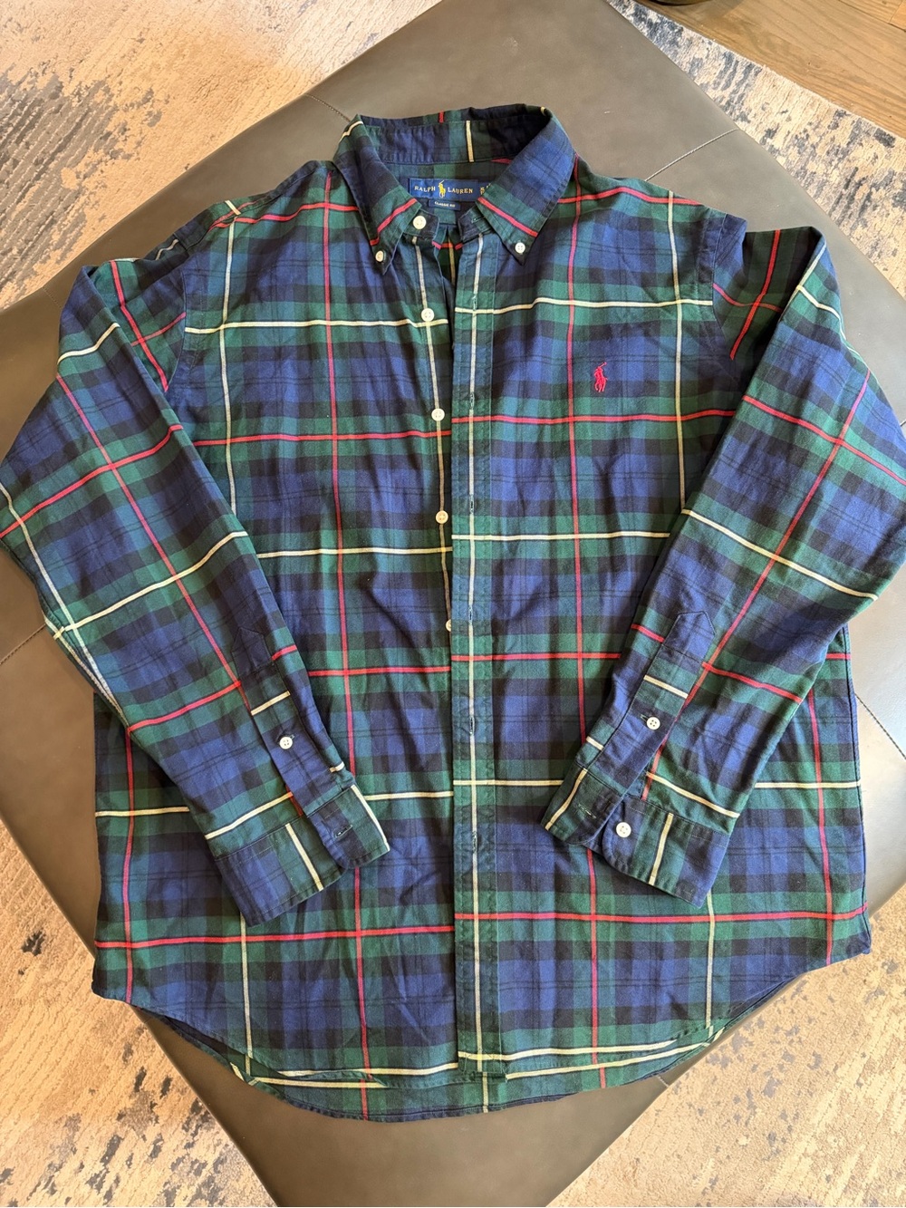 Polo by Ralph Lauren Men's Blue Green Plaid Long Sleeve Polo Shirt
